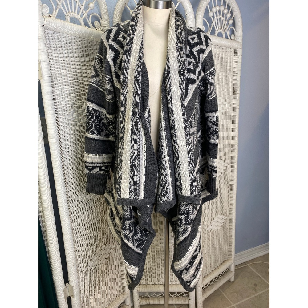 Old Navy Black White Aztec Knit Cardigan Sweater‎ L Open Front Waterfall Cozy